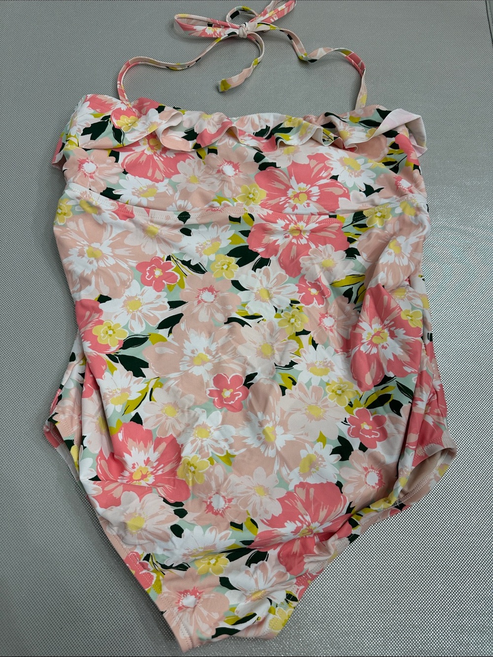 Maternity Pink/peach Floral One-Piece Swimsuit with Ruffle Trim